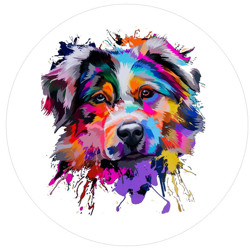 Beautiful bright multicolored artistic mosaic image of an Australian Shepherd spare tire cover on white vinyl