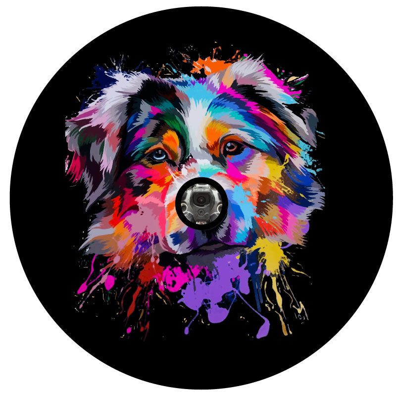 Beautiful bright multicolored artistic mosaic image of an Australian Shepherd spare tire cover on black vinyl with JL back up camera