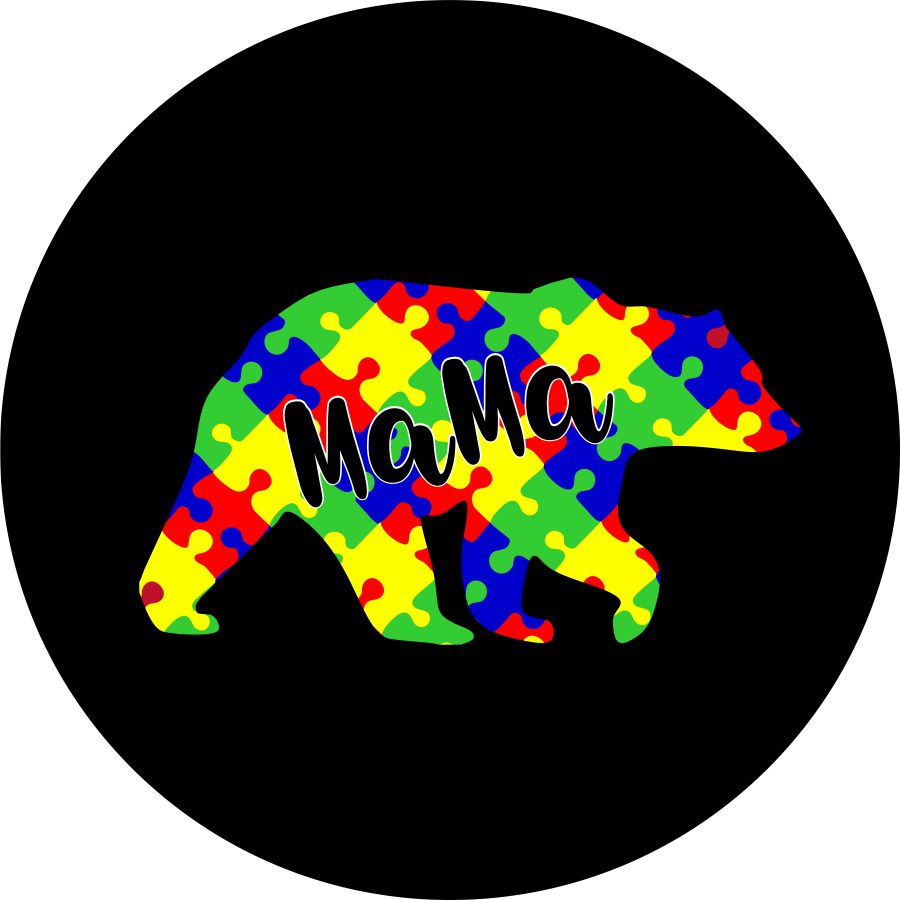 autism puzzle pattern as the silhouette of a bear with the word mama across to signify that they are a mom of an autisitc child spare tire cover design.