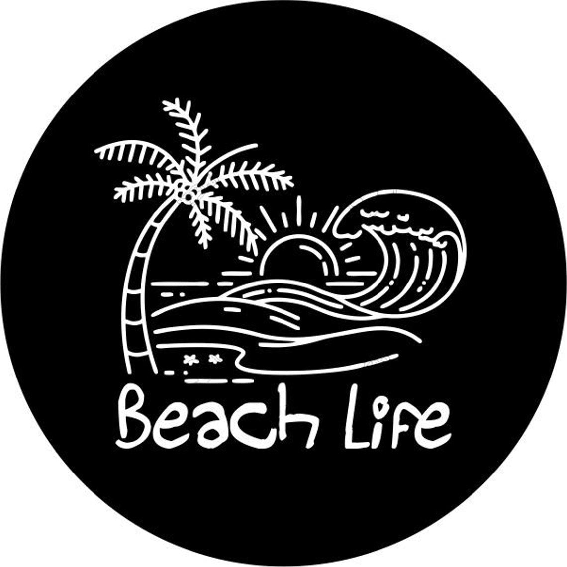 Black vinyl spare tire cover design of beach life written below a simple line graphic of a sunset beach landscape scene in white.