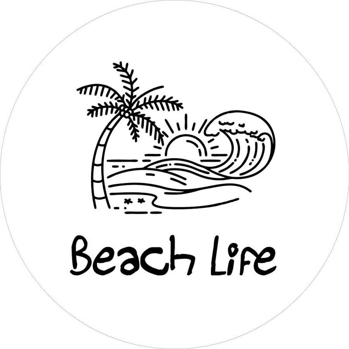 Hand-drawn simple beach scene design with waves and sunset & "beach life" written across the bottom. on white vinyl for Jeep, Bronco, RV, Camper, Trailer, spare tire cover