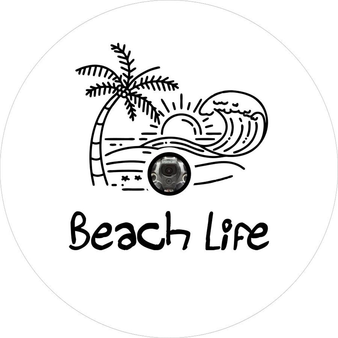 Hand-drawn simple beach scene design with waves and sunset & "beach life" written across the bottom. on white vinyl with back up camera for Jeep, Bronco, RV, Camper, Trailer, spare tire cover