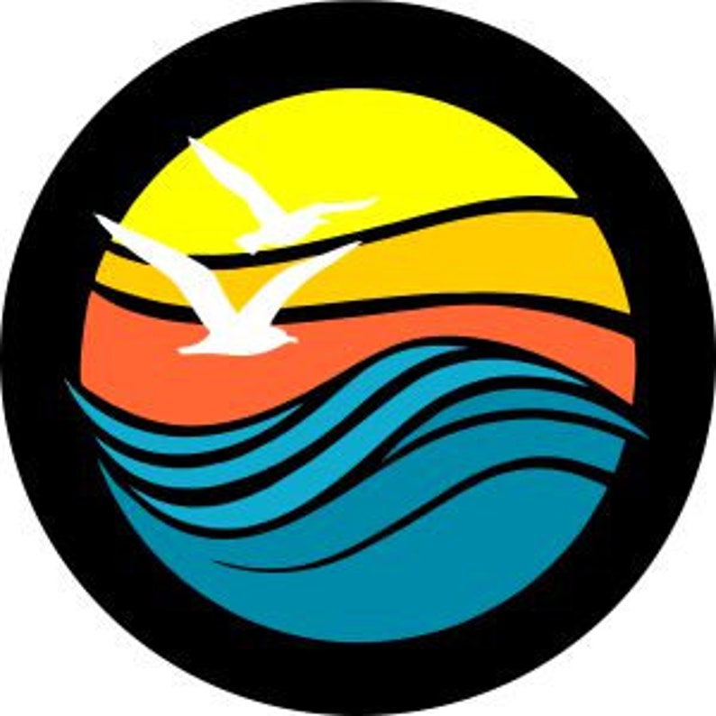 Vinyl spare tire cover design that is beautiful and simple geometric designed ocean, sunset and seagulls flying. This design version can be printed on a black vinyl tire cover.