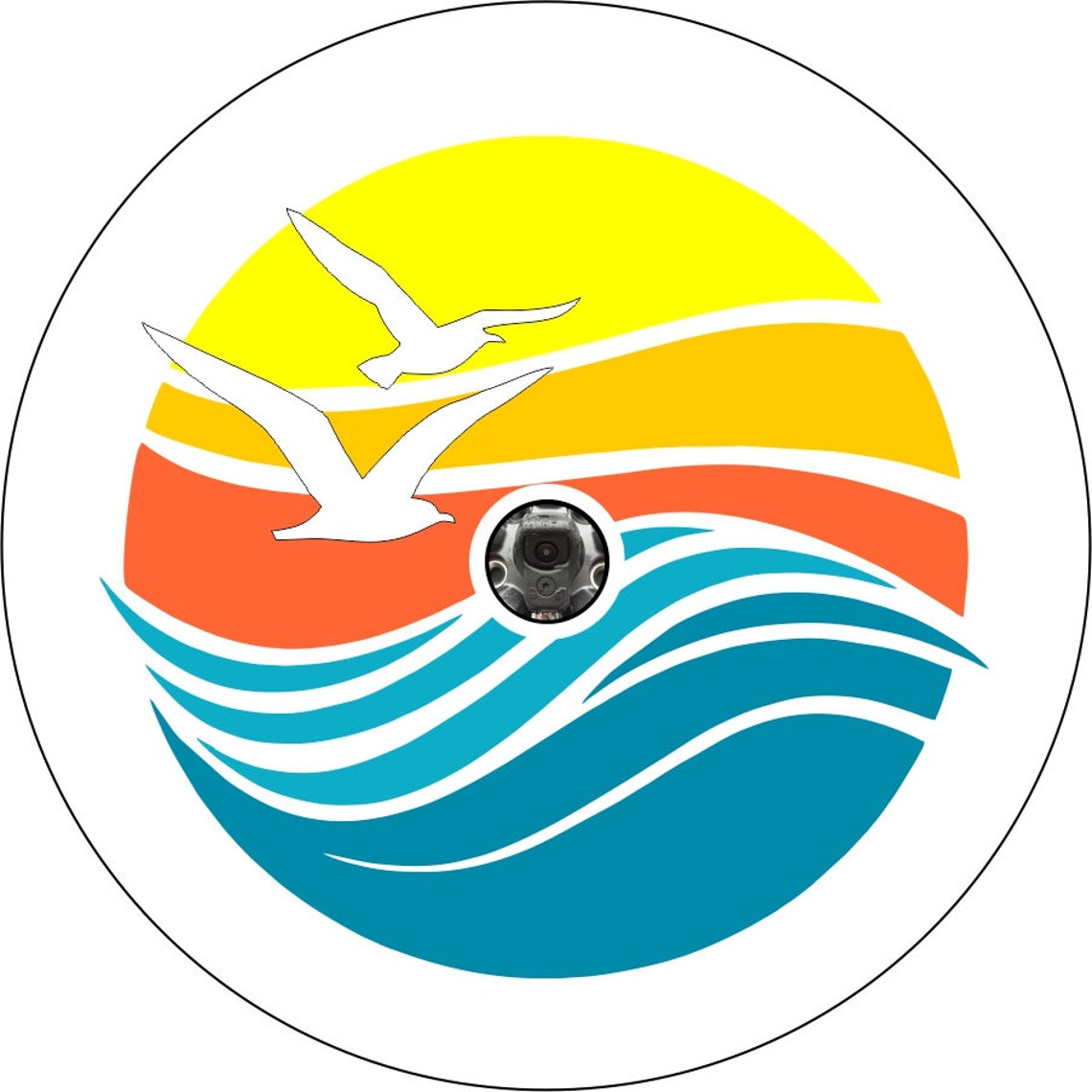 Vinyl spare tire cover design that is beautiful and simple geometric designed ocean, sunset and seagulls flying. This design version can be printed on a white vinyl tire cover with a back up camera hole.
