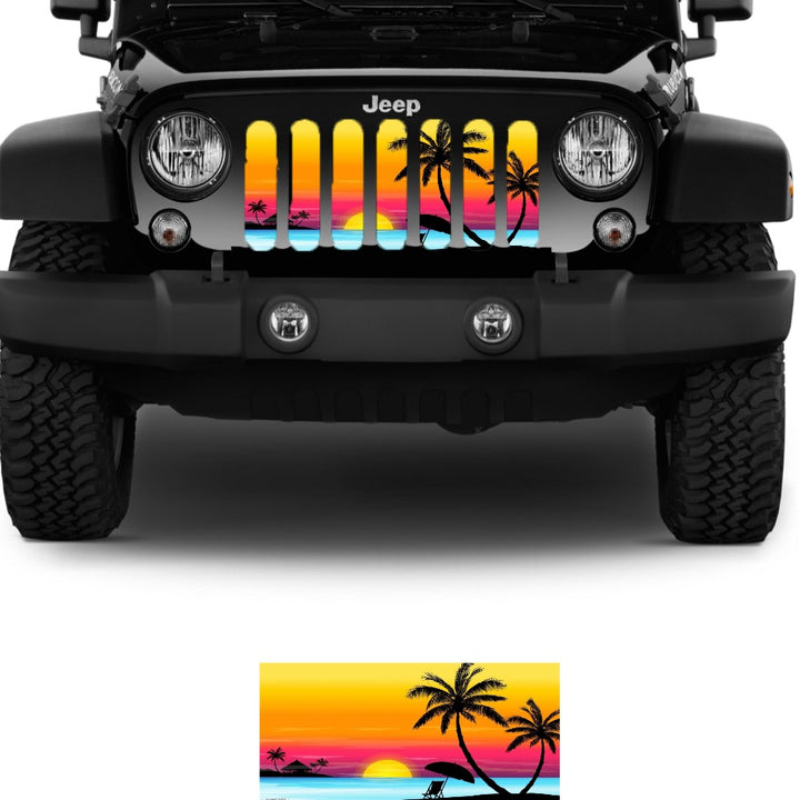 Jeep grille insert on a black Jeep Wrangler of a beautiful colorful tropical island beach scene sunset and palm tree and the same beach scene image on the outside of the Jeep to show the full design of the Jeep grille insert