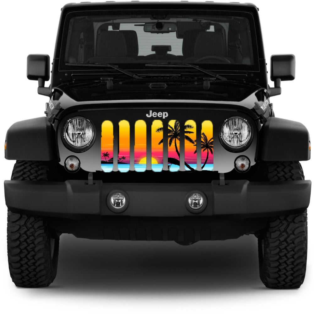 Jeep grille insert on a black Jeep Wrangler of a beautiful colorful tropical island beach scene sunset and palm tree