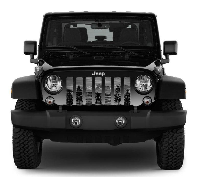 Mesh Jeep grille insert of Sasquatch walking through the woods and mountains