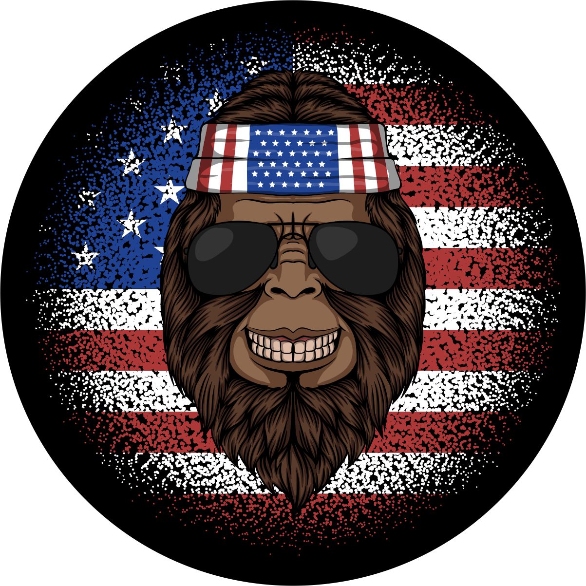Smiling bigfoot sasquatch spare tire cover design. Bigfoot wearing an American flag bandana and sunglasses with the American flag is in the background with dispersion effect.