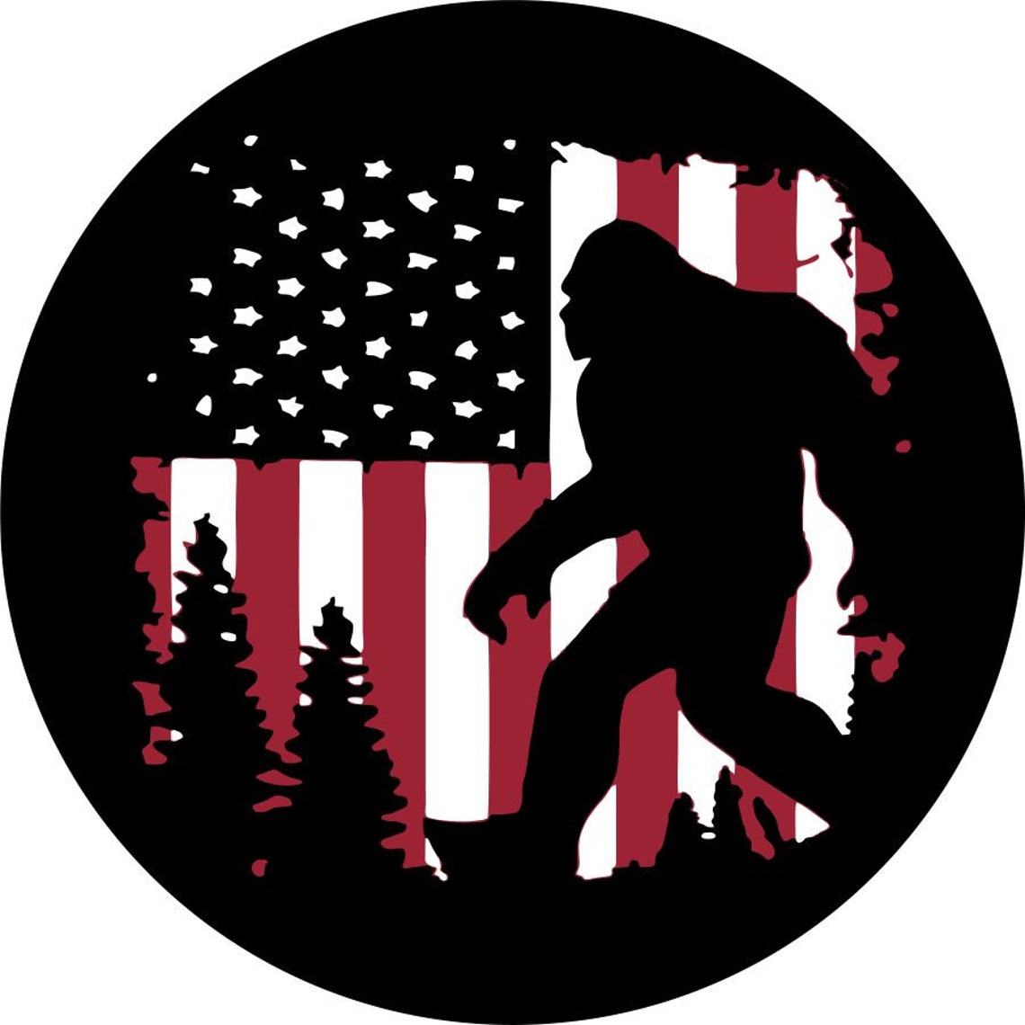 spare tire cover design has Bigfoot walking through the forest with a rustic old glory, the American flag, as the background. 