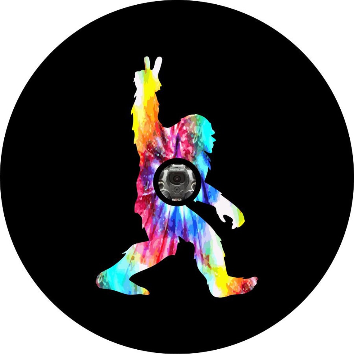 Tie Dye Walking Bigfoot - Sasquatch Peace Spare Tire Cover for Broncos, Jeeps, Campers, RV, & More
