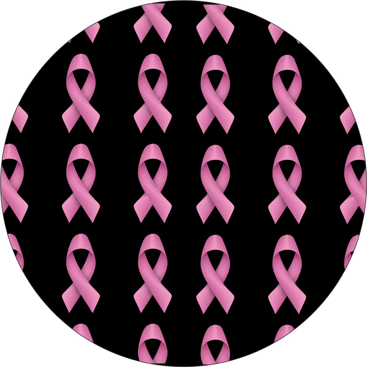 Black vinyl spare tire cover with a pattern of small pink ribbons to support breast cancer awareness
