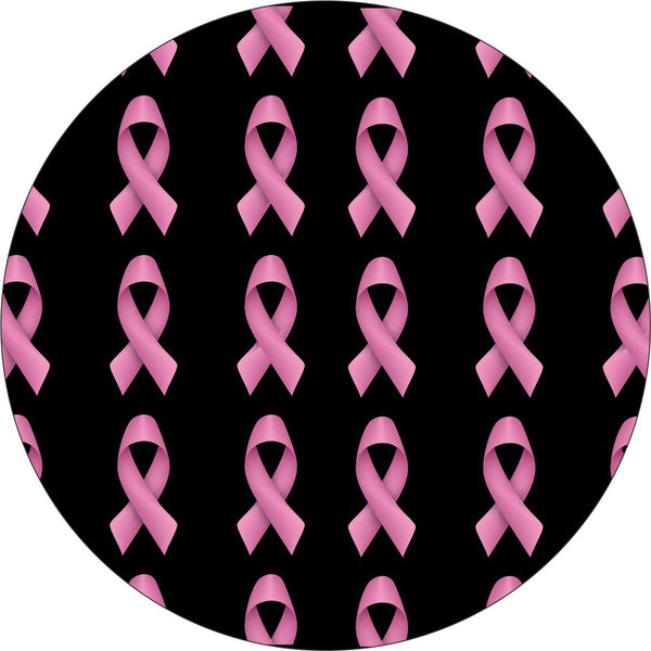 Black vinyl spare tire cover with a pattern of small pink ribbons to support breast cancer awareness