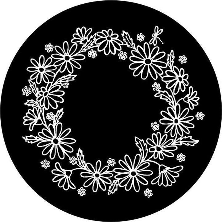 Mock up spare tire cover design of a black vinyl spare tire cover with a white wreath of daisies and dragonfly