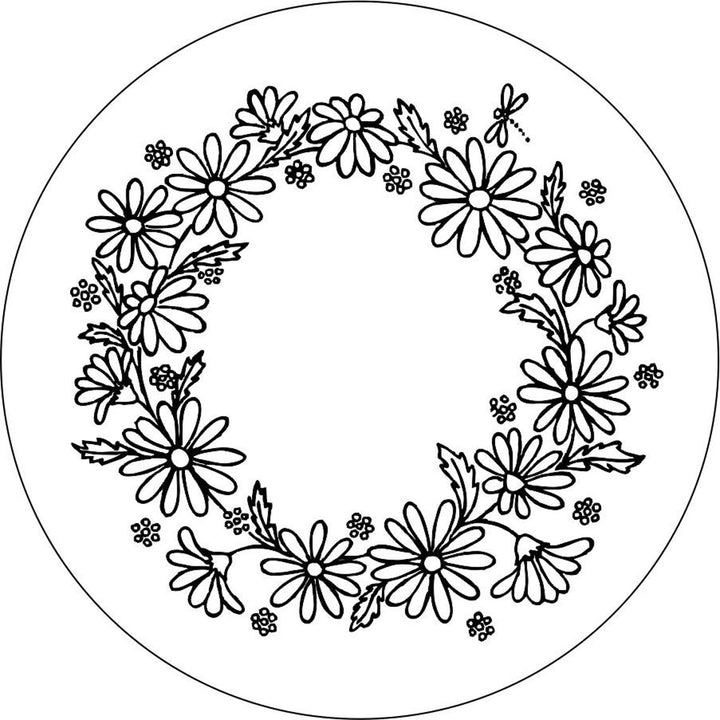 Mock up spare tire cover design for newers spare wheels white vinyl spare tire cover with a white wreath of daisies and dragonfly