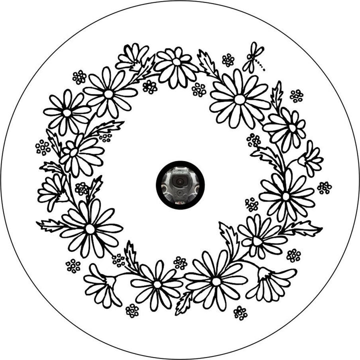 Mock up spare tire cover design for newers spare wheels that have backup cameras in the center, white vinyl spare tire cover with a white wreath of daisies and dragonfly