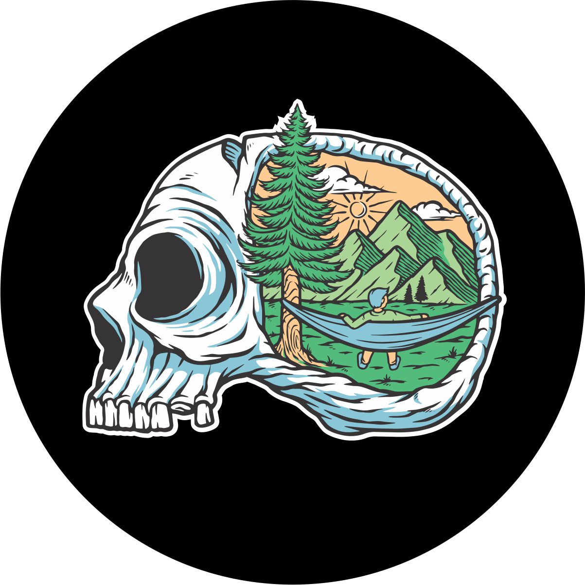 Conceptual, creative, and unique spare tire cover displaying camping until I die. A skull with a camping scene painted into the head of the skull.