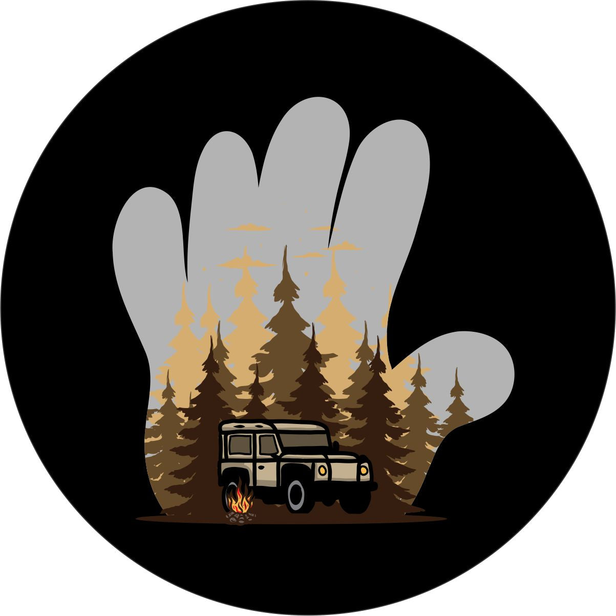 Camping with a Jeep by the fire creative spare tire cover design inside the Jeep wave.