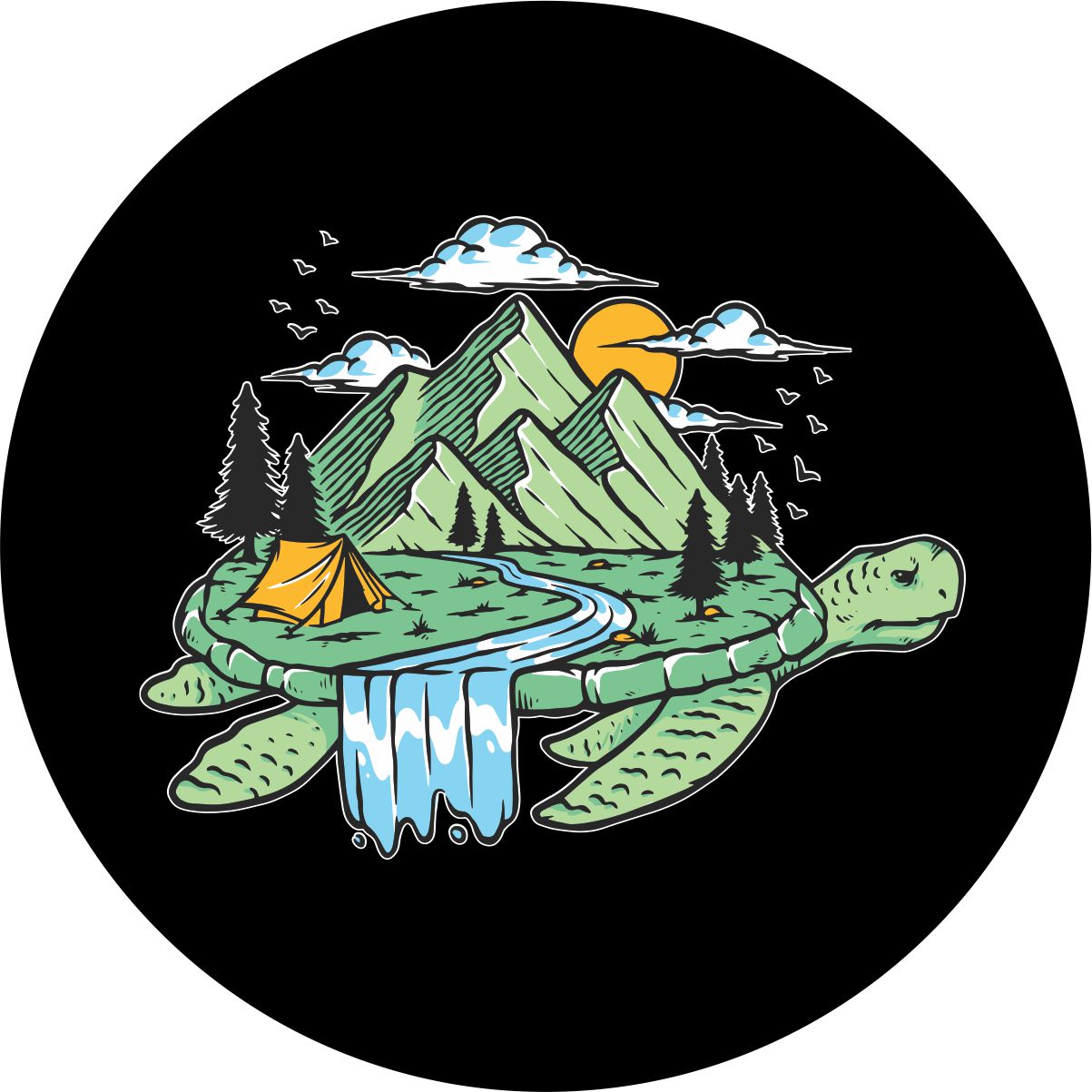 Camping on a turtle island spare tire cover. Beautiful camping scene in the mountains on top of a turtle. Custom spare tire cover design. Printed to order on black vinyl weatherproof material.
