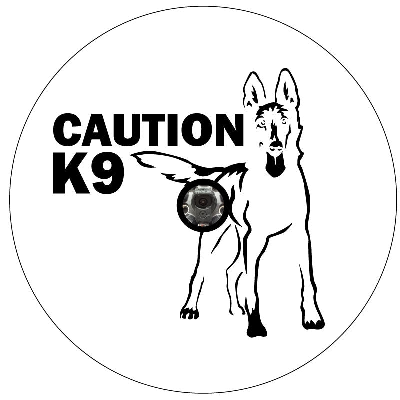 Silhouette of a Belgian Malinois and the words caution K9 spare tire cover design for Jeep, Bronco, RV, camper, trailer, and more on white vinyl with back up camera