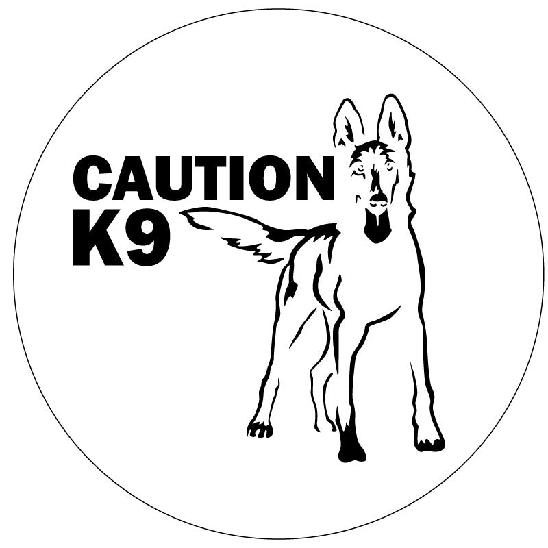 Silhouette of a Belgian Malinois and the words caution K9 spare tire cover design for Jeep, Bronco, RV, camper, trailer, and more on white vinyl