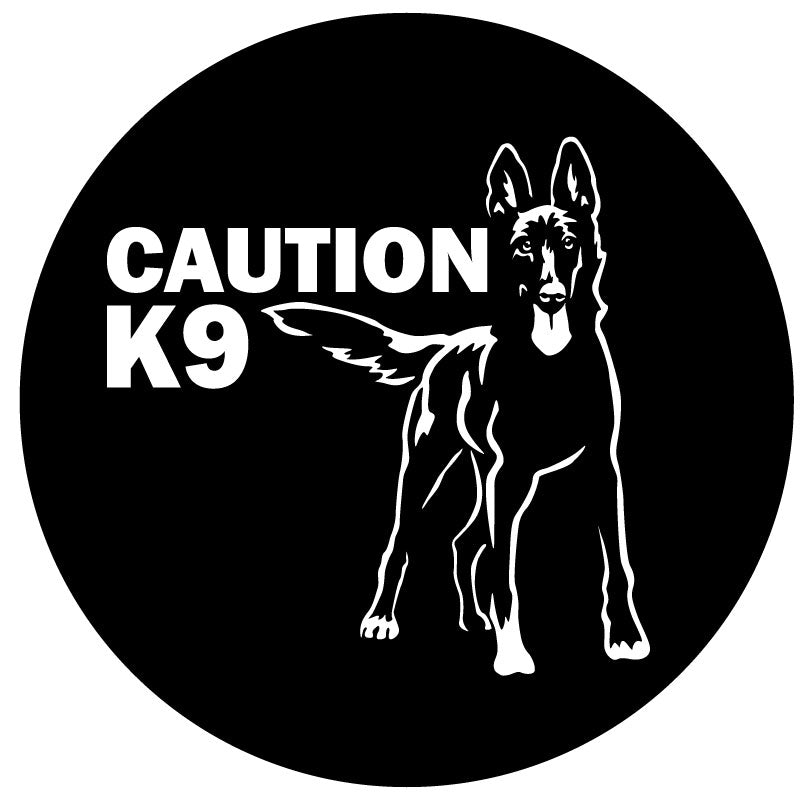 Silhouette of a Belgian Malinois and the words caution K9 spare tire cover design for Jeep, Bronco, RV, camper, trailer, and more