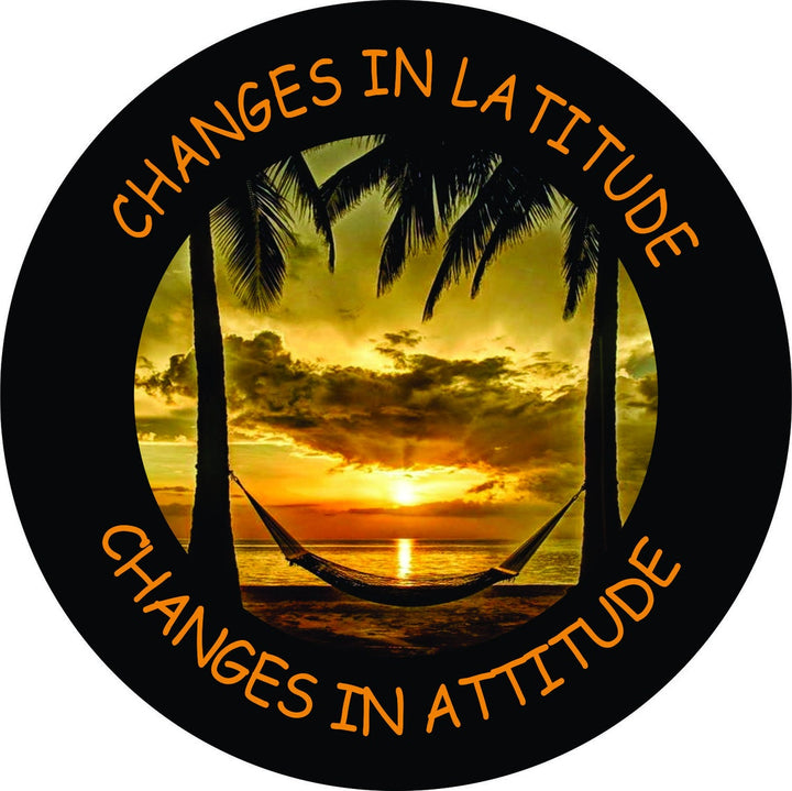 Changes in latitude changes in attitude beach and hammock scene design for a black vinyl spare tire cover 