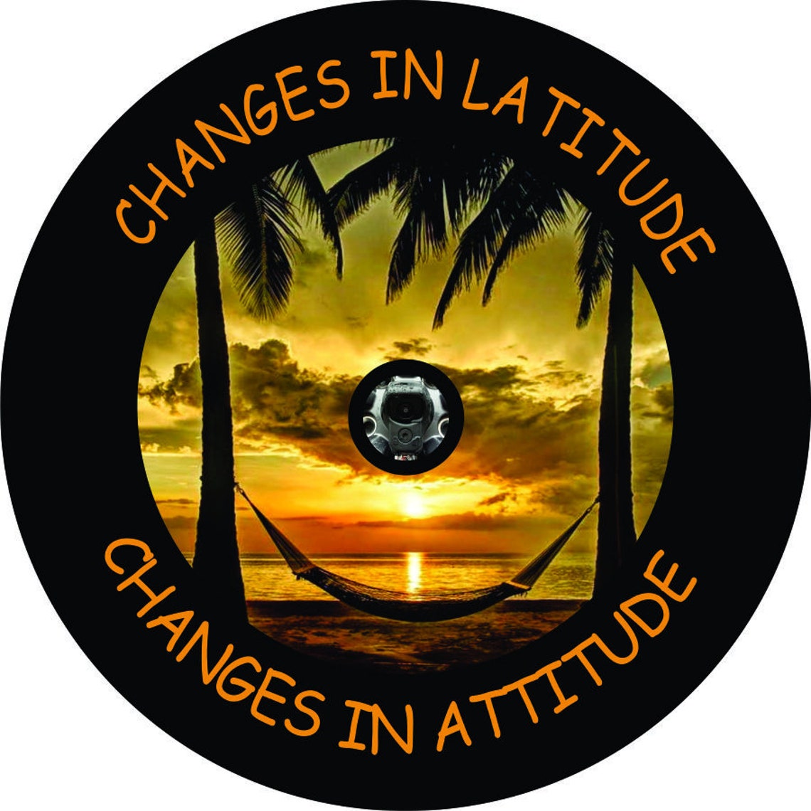 Changes in latitude changes in attitude beach and hammock scene design for a black vinyl spare tire cover  with a hole for a back up camera