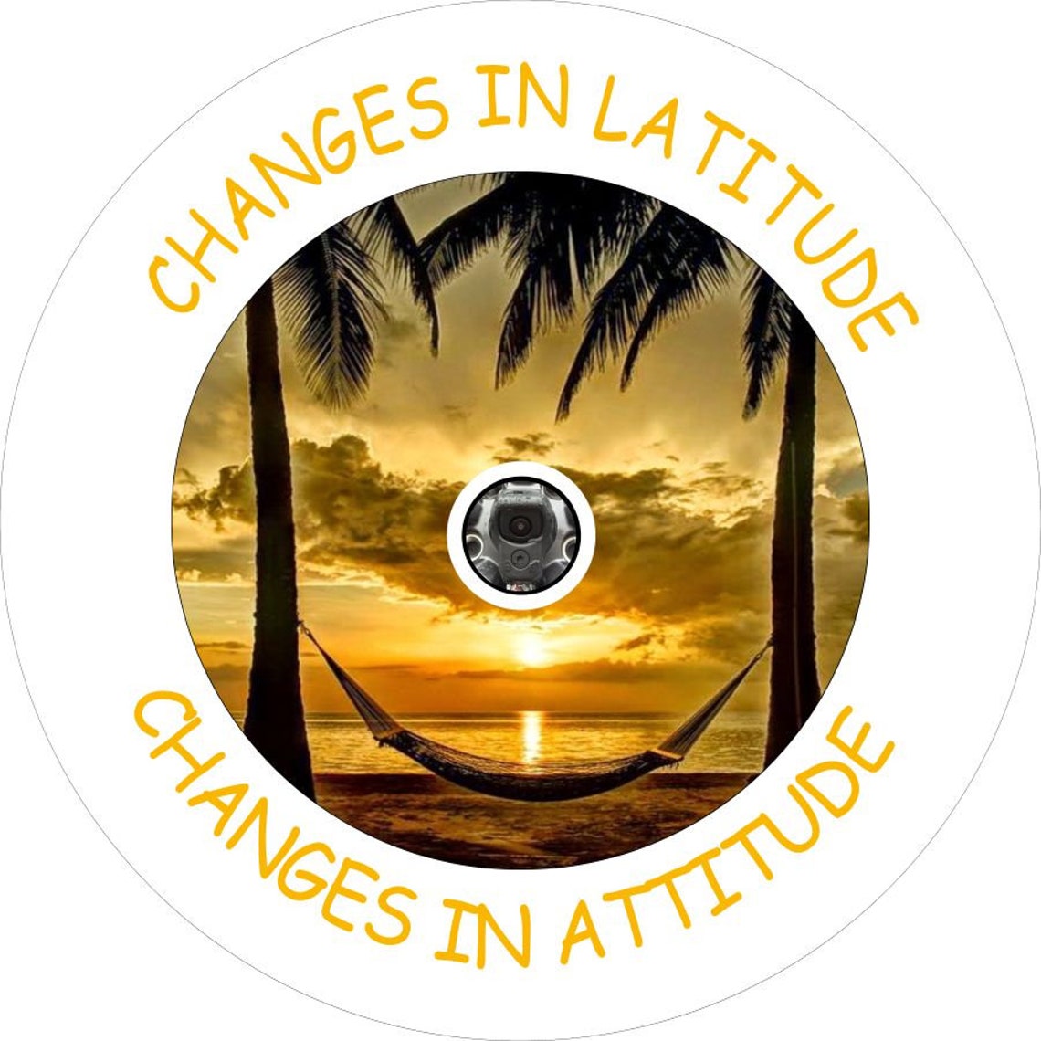Changes in latitude changes in attitude beach and hammock scene design for a white vinyl spare tire cover  with hole for back up camera