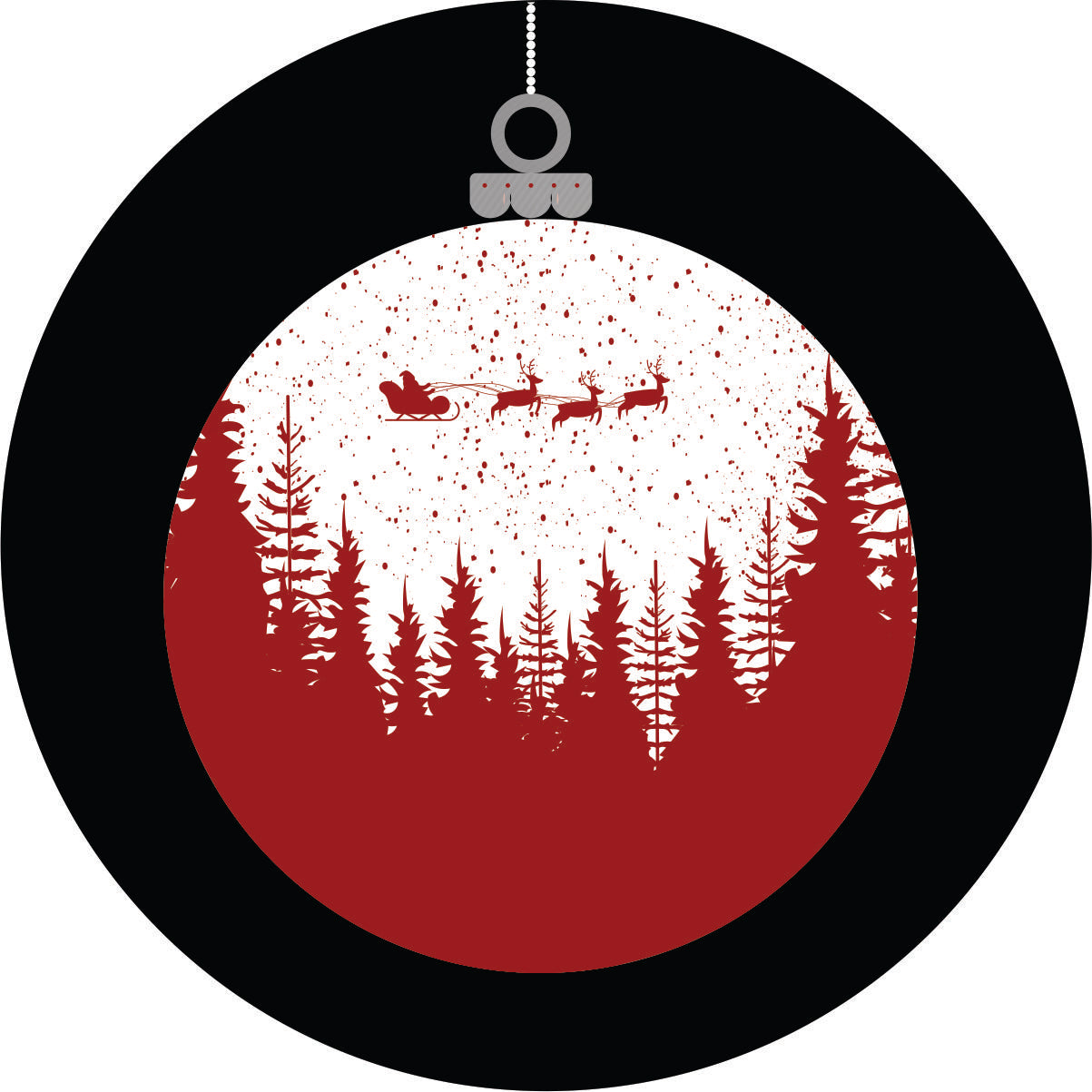 Spare tire cover for Jeep of a red silhouette of Santa Claus flying over the forest and snow as a Christmas tree globe ornament.