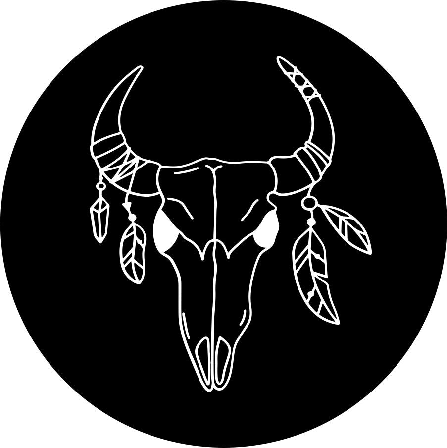 Bull skull single line icon design with feathers hanging from the horns