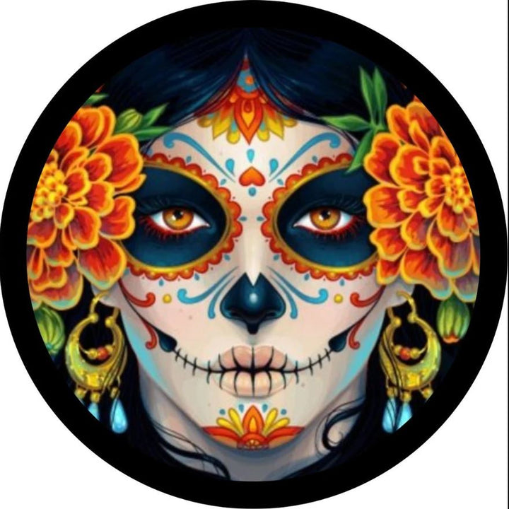 Día de los Muertos inspired spare tire cover design. Beautifully painted day of the dead sugar skull woman with bright oranges and white face surrounded by marigolds graphic design spare tire cover for Jeep, Bronco, RV, campers, and more.