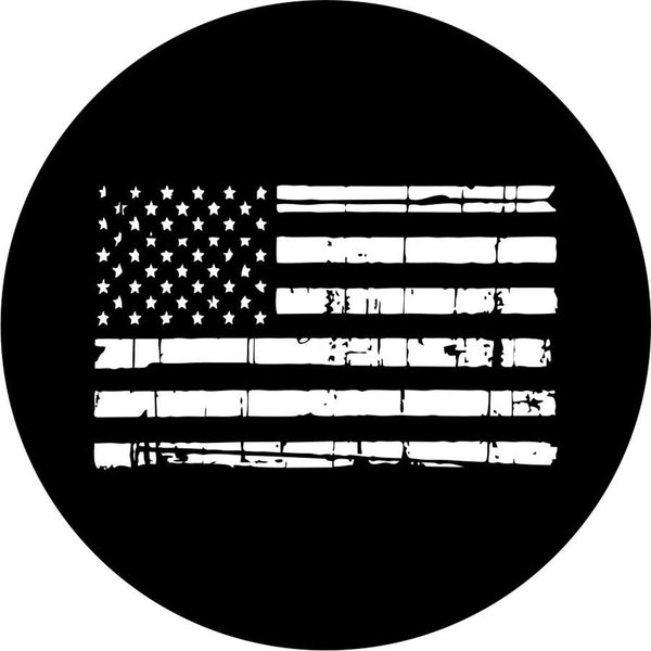 Black vinyl spare tire cover mock up design of a distressed American flag.