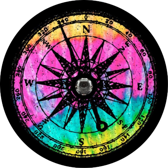 Tie dye multicolor distressed compass spare tire cover design for a soft black vinyl spare tire cover that will accomodate a backup camera