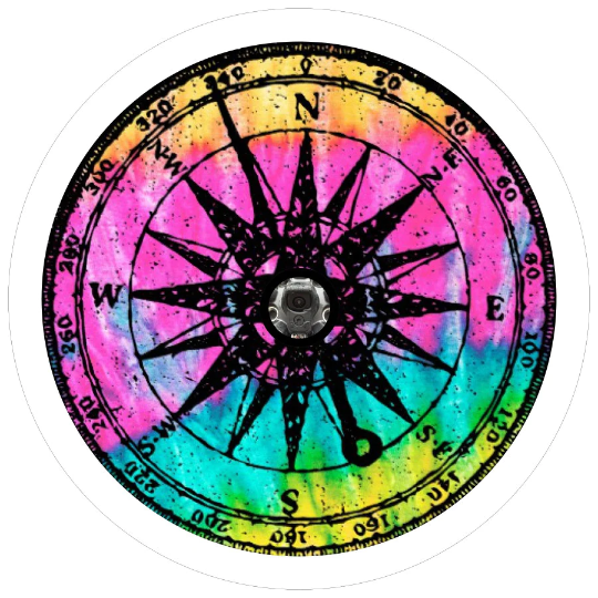 Tie dye multicolor distressed compass spare tire cover design for a soft white vinyl spare tire cover that will accomodate a backup camera.