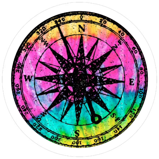 Tie dye multicolor distressed compass spare tire cover design for a soft white vinyl spare tire cover.