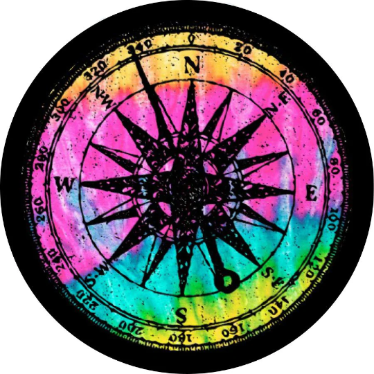 Tie dye multicolor distressed compass spare tire cover design for a soft black vinyl spare tire cover.