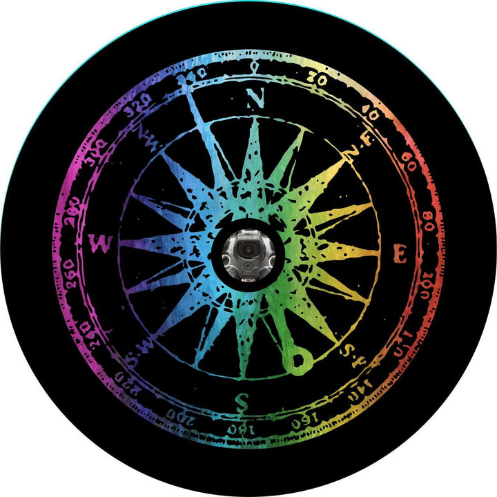 Distressed Rainbow Compass Tie-Dye Spare Tire Cover on black vinyl with a camera hole for a backup camera.