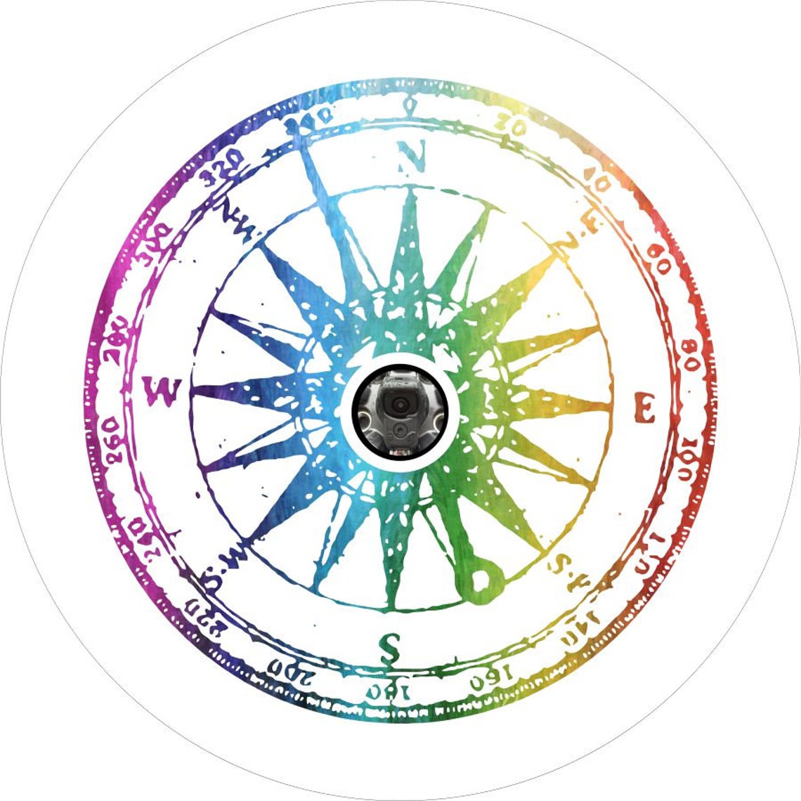 Distressed Rainbow Compass Tie-Dye Spare Tire Cover on white vinyl with a camera hole for a backup camera.