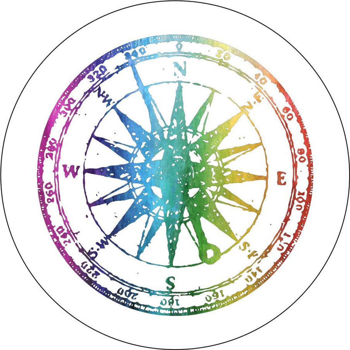 Distressed Rainbow Compass Tie-Dye Spare Tire Cover on white vinyl.