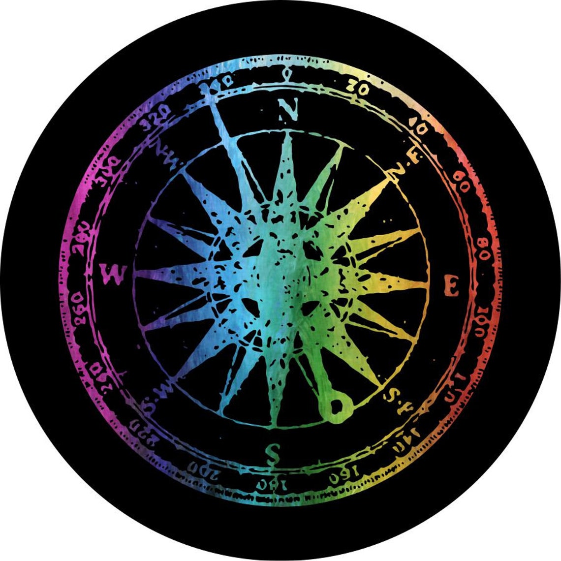 Distressed Rainbow Compass Tie-Dye Spare Tire Cover on black vinyl.