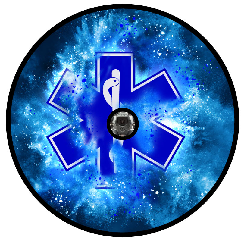 Paramedic or EMT insignia emblem in blue with a creative graphic design powder explosion spare tire covers for black vinyl and a back up camera