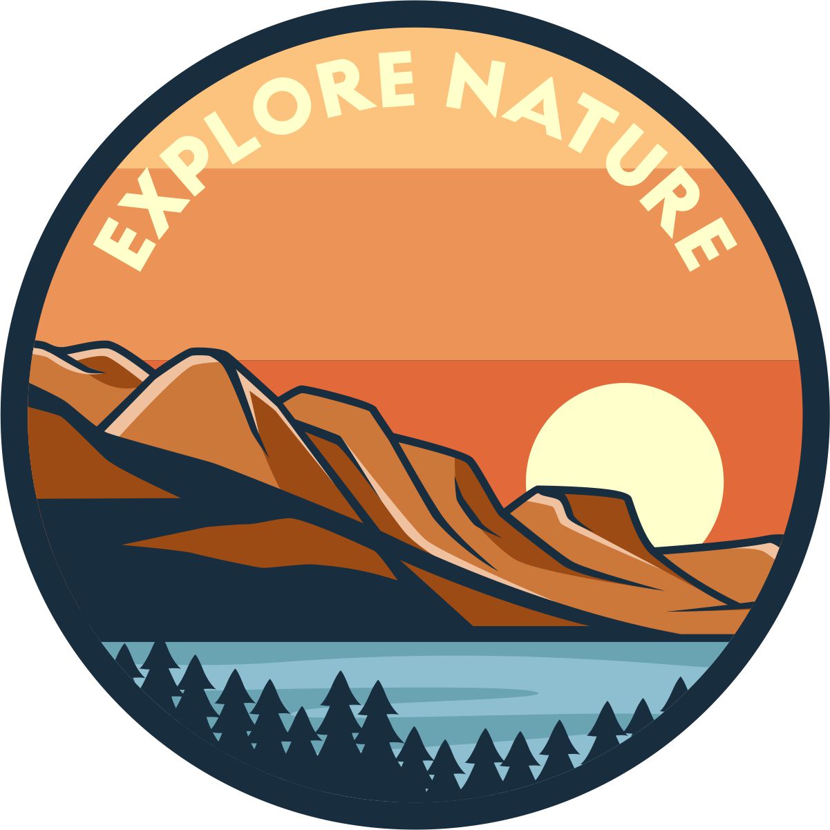 Explore nature written in text across the top of this spare tire cover design with mountains and the sunset in earth tones.
