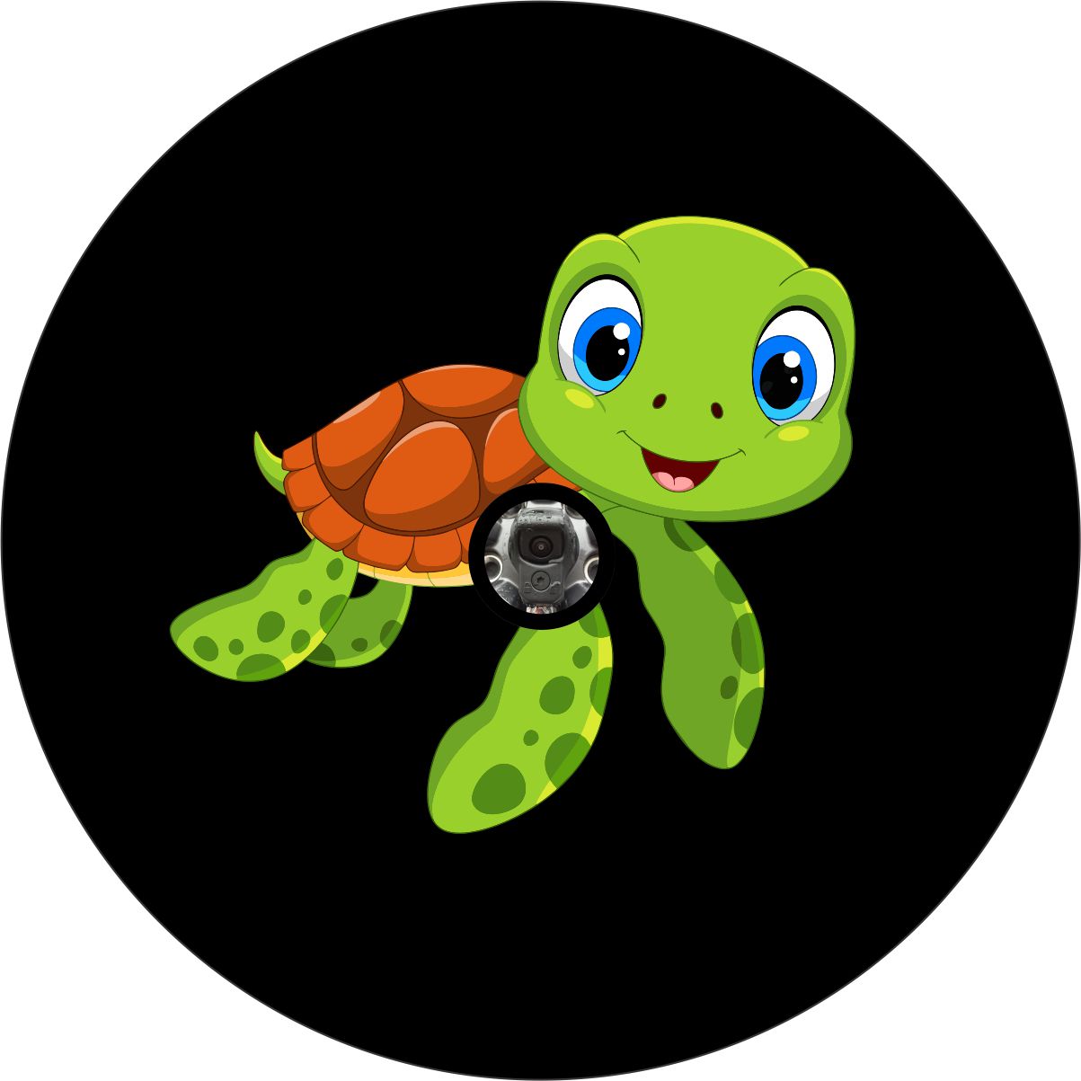 Bright and cute cartoon turtle spare tire cover design for a Jeep Wrangler, Ford Bronco, RV, travel trailer, camper, and more with space for models that have a back up camera.