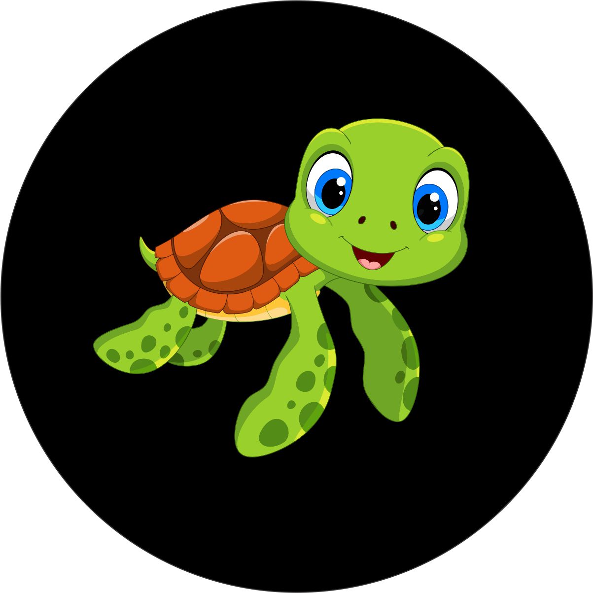 Bright and cute cartoon turtle spare tire cover design for a Jeep Wrangler, Ford Bronco, RV, travel trailer, camper, and more.