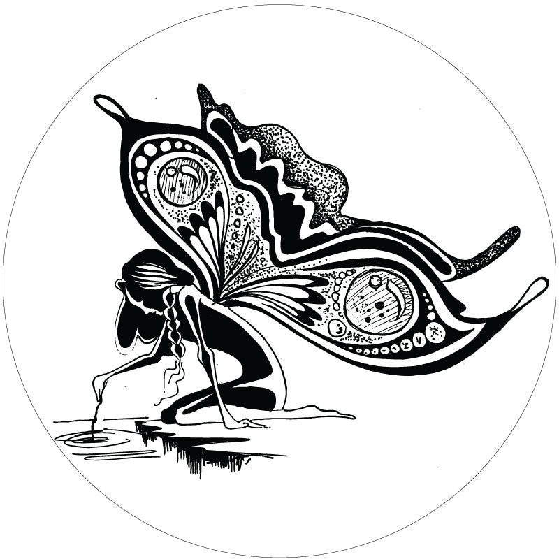 A curious fairy with beautiful hand drawn designed wings sitting at the waters edge sprinkling her fairy dust into the water. Designed as a spare tire cover for Jeep, RV, bronco, and more on white vinyl