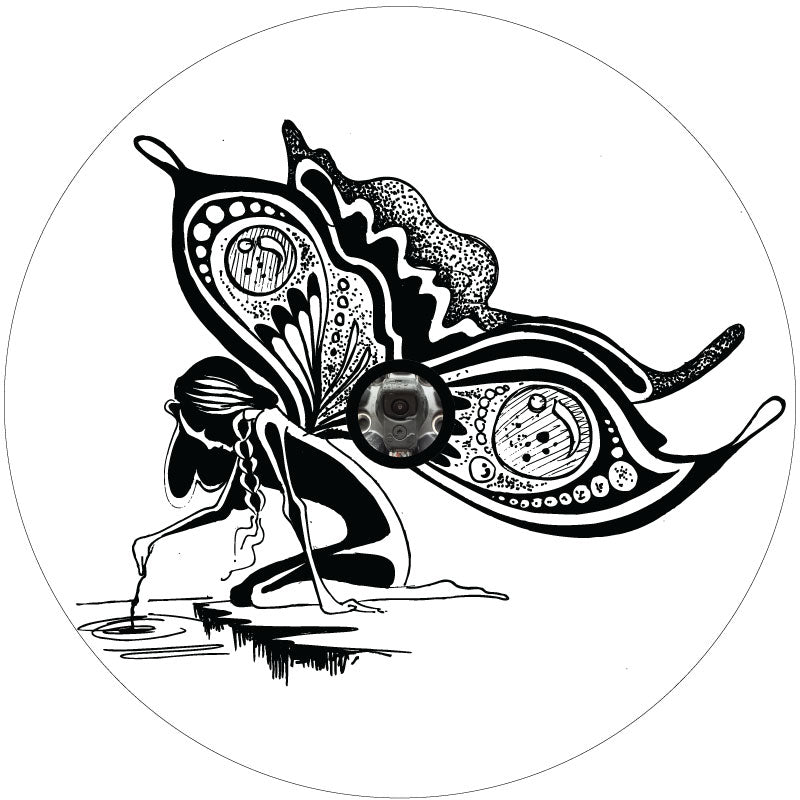 A curious fairy with beautiful hand drawn designed wings sitting at the waters edge sprinkling her fairy dust into the water. Designed as a spare tire cover for Jeep, RV, bronco, and more on white vinyl and a place for a back up camera