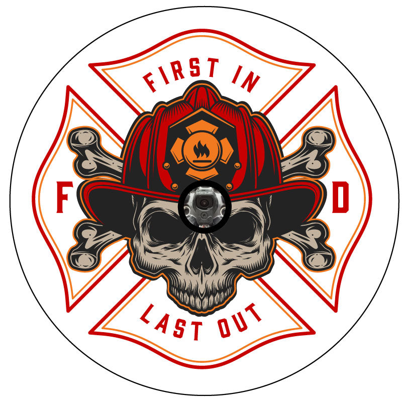 Firefighter insignia with the saying first in last out with a skull and cross bones wearing a fireman's hat helmet to be printed on white vinyl with back up camera