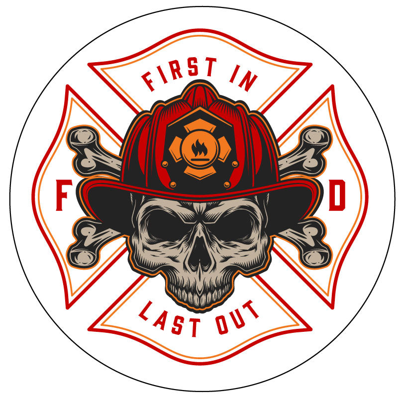 Firefighter insignia with the saying first in last out with a skull and cross bones wearing a fireman's hat helmet to be printed on white vinyl