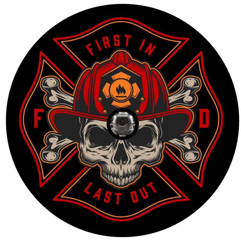 Firefighter insignia with the saying first in last out with a skull and cross bones wearing a fireman's hat helmet to be printed on black vinyl with back up camera