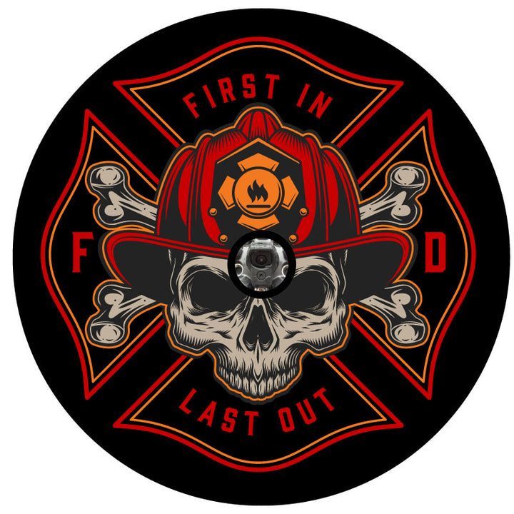 Firefighter insignia with the saying first in last out with a skull and cross bones wearing a fireman's hat helmet to be printed on black vinyl with back up camera